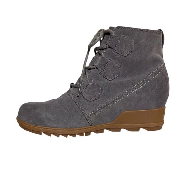 NWOT Sorel Evie US Sz 10 Gray Suede Ankle Booties Lace Up Wedge Weatherproof - Picture 6 of 16